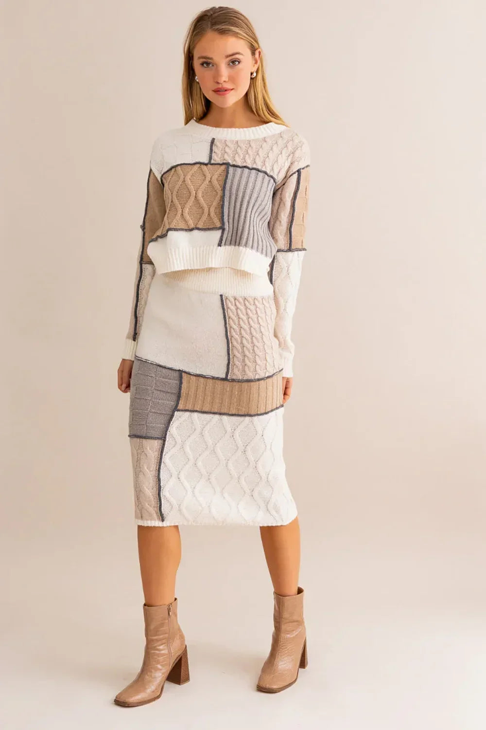 Neutral Colorblock Ribbed Waistband Cable Knit Patchwork Midi Pencil Skirt - Tasha Apparel Wholesale