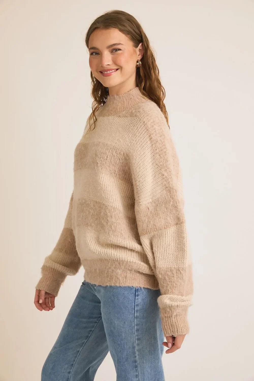 Cozy Striped Fuzzy Knit Mock Neck Oversized Sweater - Tasha Apparel Wholesale