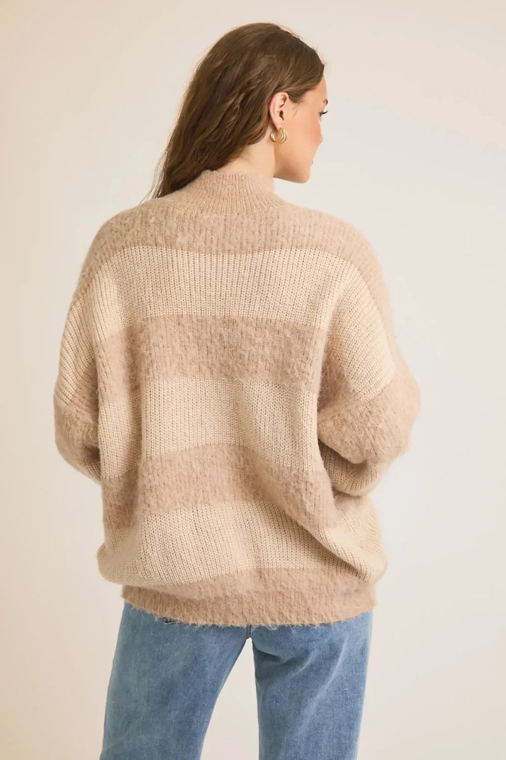Cozy Striped Fuzzy Knit Mock Neck Oversized Sweater - Tasha Apparel Wholesale