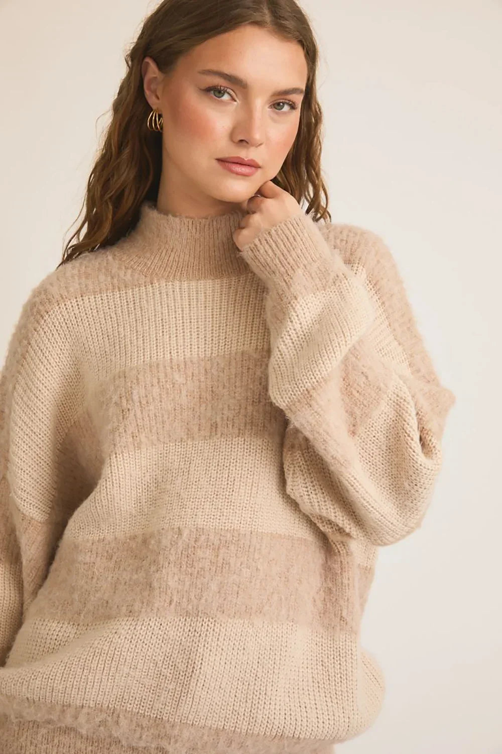 Cozy Striped Fuzzy Knit Mock Neck Oversized Sweater - Tasha Apparel Wholesale
