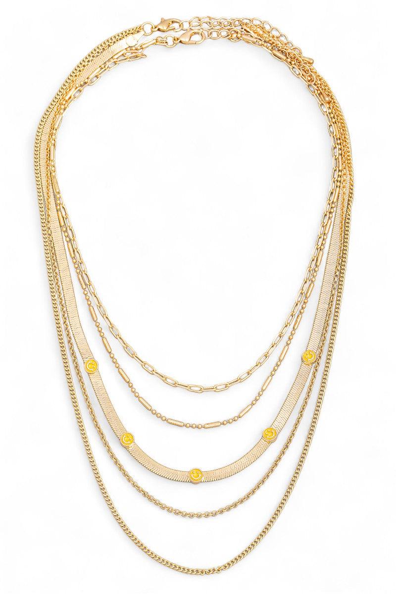 Multi Chain Layered Smiley Pendant Necklace - Tasha Apparel Wholesale