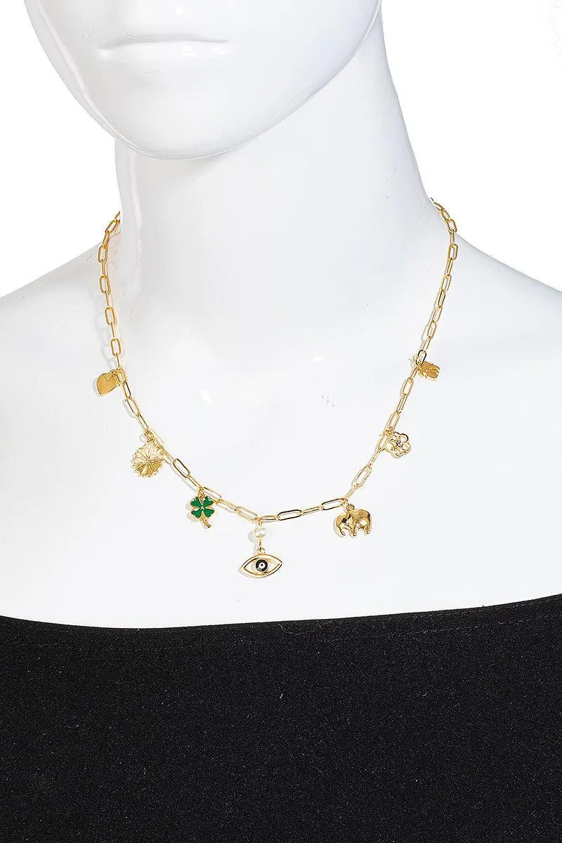 Evil Eye Clover Leaf Elephant Luck Charms Necklace - Tasha Apparel Wholesale