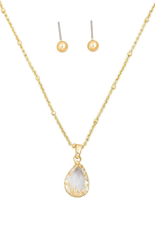 Crystal Teardrop Necklace & Small Ball Earring Set - Tasha Apparel Wholesale