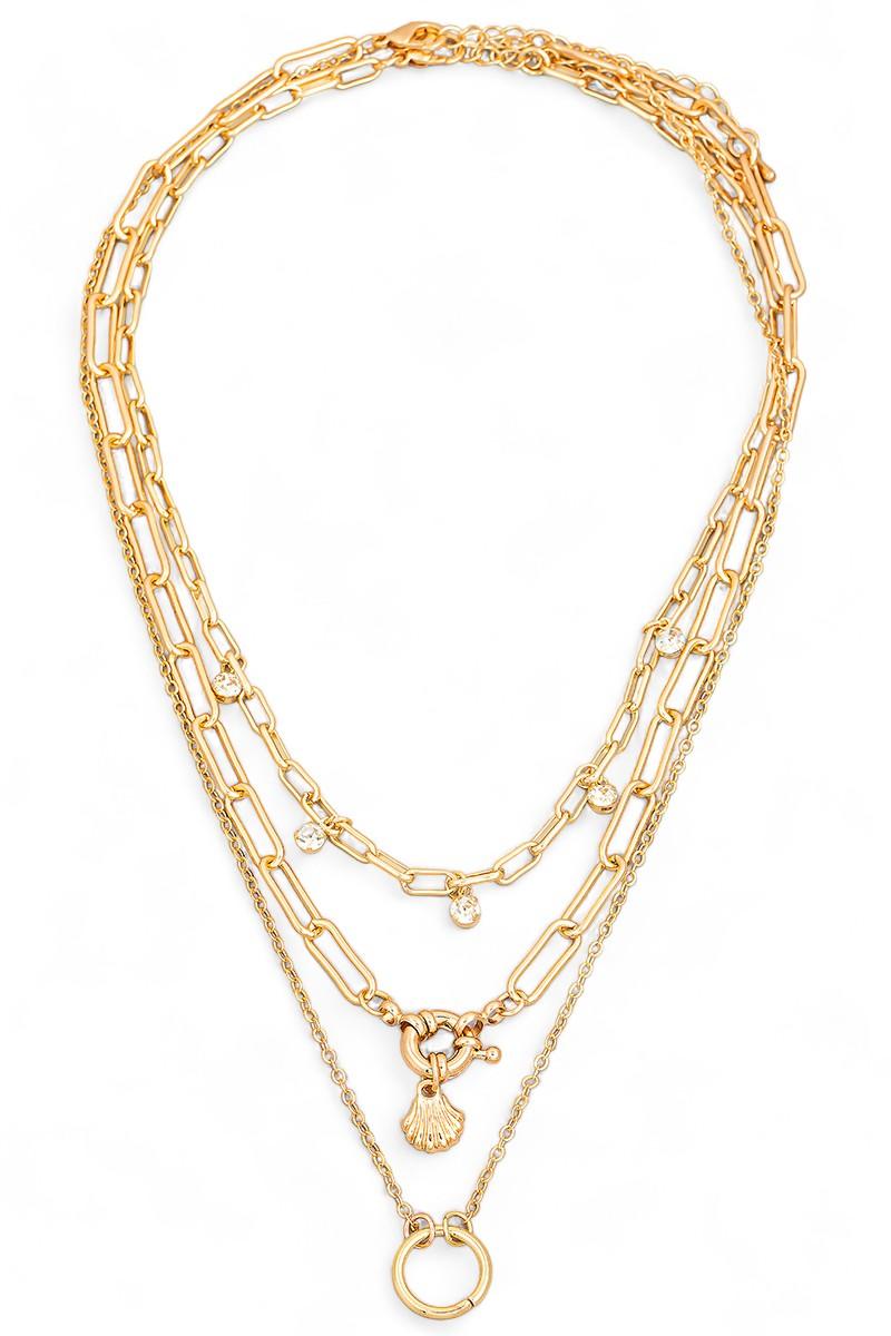 Double Chain Crystal Circle Charm Layered Necklace - Tasha Apparel Wholesale