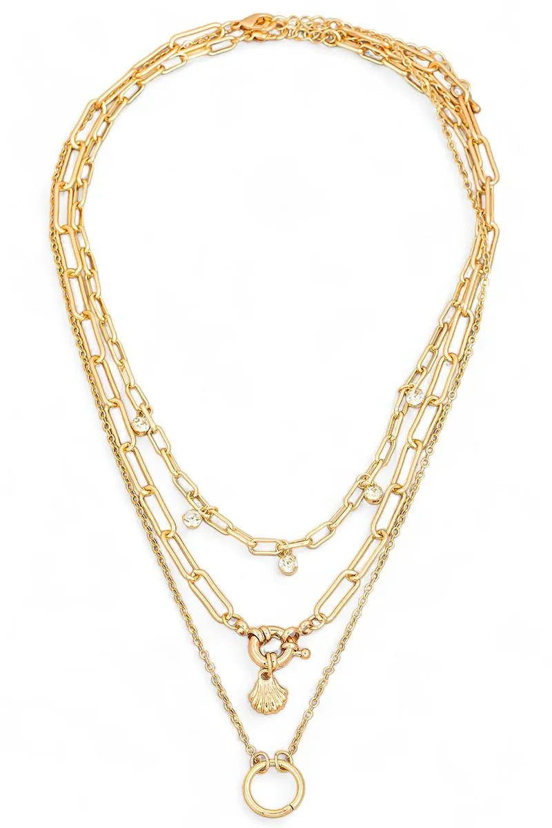 Double Chain Crystal Circle Charm Layered Necklace - Tasha Apparel Wholesale