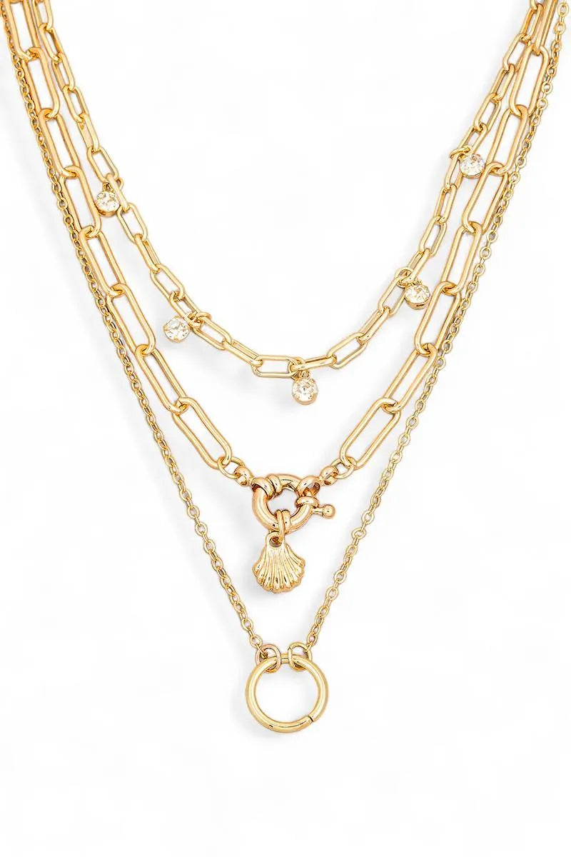 Double Chain Crystal Circle Charm Layered Necklace - Tasha Apparel Wholesale