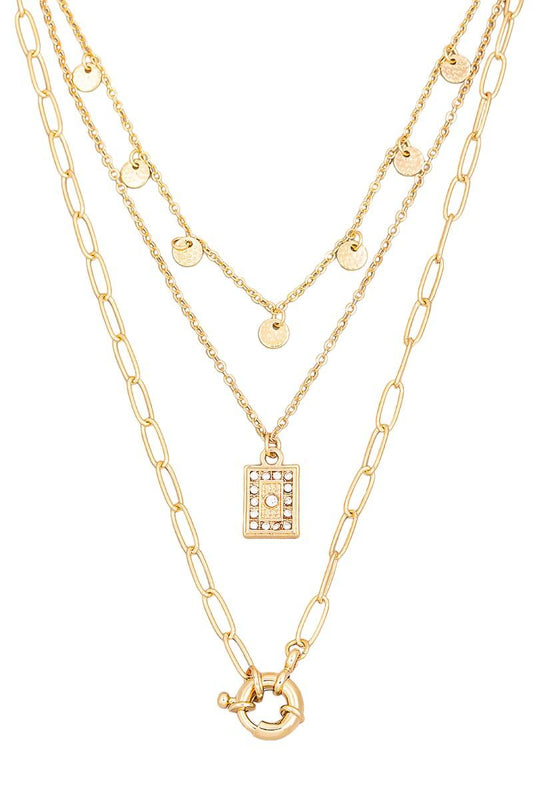 Layered Chain Link Circle Rectangular Charm Necklace