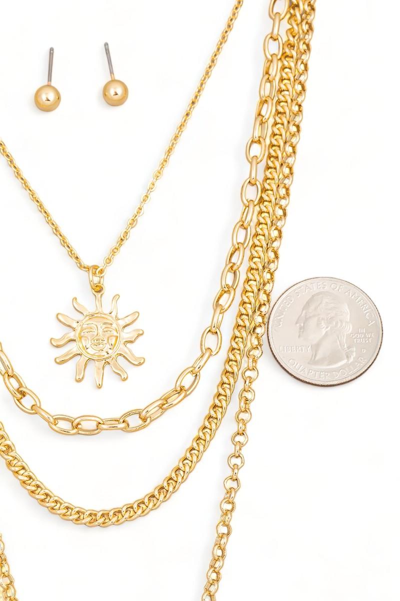 Layered Chain Sun & Disc Rhinestone Pendant Necklace & Ball Earring Set - Tasha Apparel Wholesale