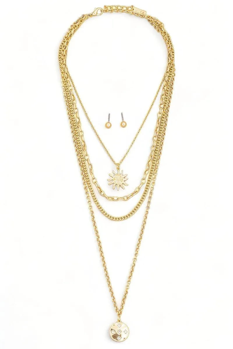Layered Chain Sun Pendant Necklace & Ball Earring Set - Tasha Apparel Wholesale