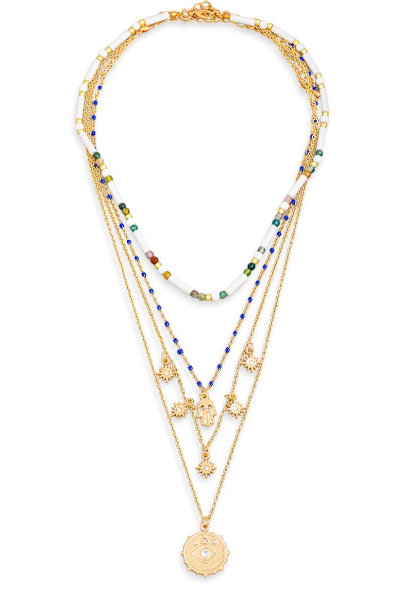 Four Layer Colorful Beads Evil Eye Pendant Necklace - Tasha Apparel Wholesale