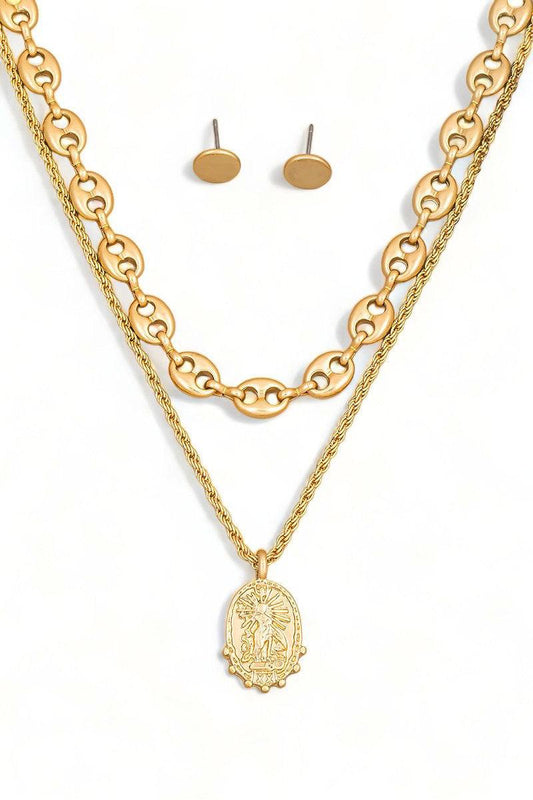 Layered Mariner Chain Pendant Necklace Stud Earring Set