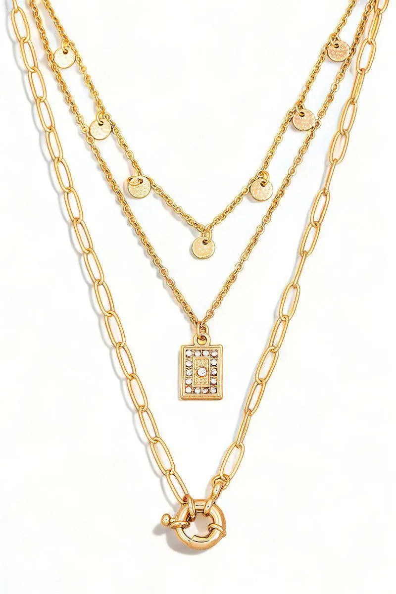 Layered Chain Link Circle Rectangular Charm Necklace - Tasha Apparel Wholesale