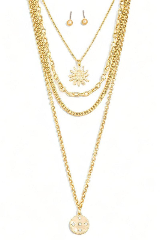 Layered Chain Sun & Disc Rhinestone Pendant Necklace & Ball Earring Set - Tasha Apparel Wholesale