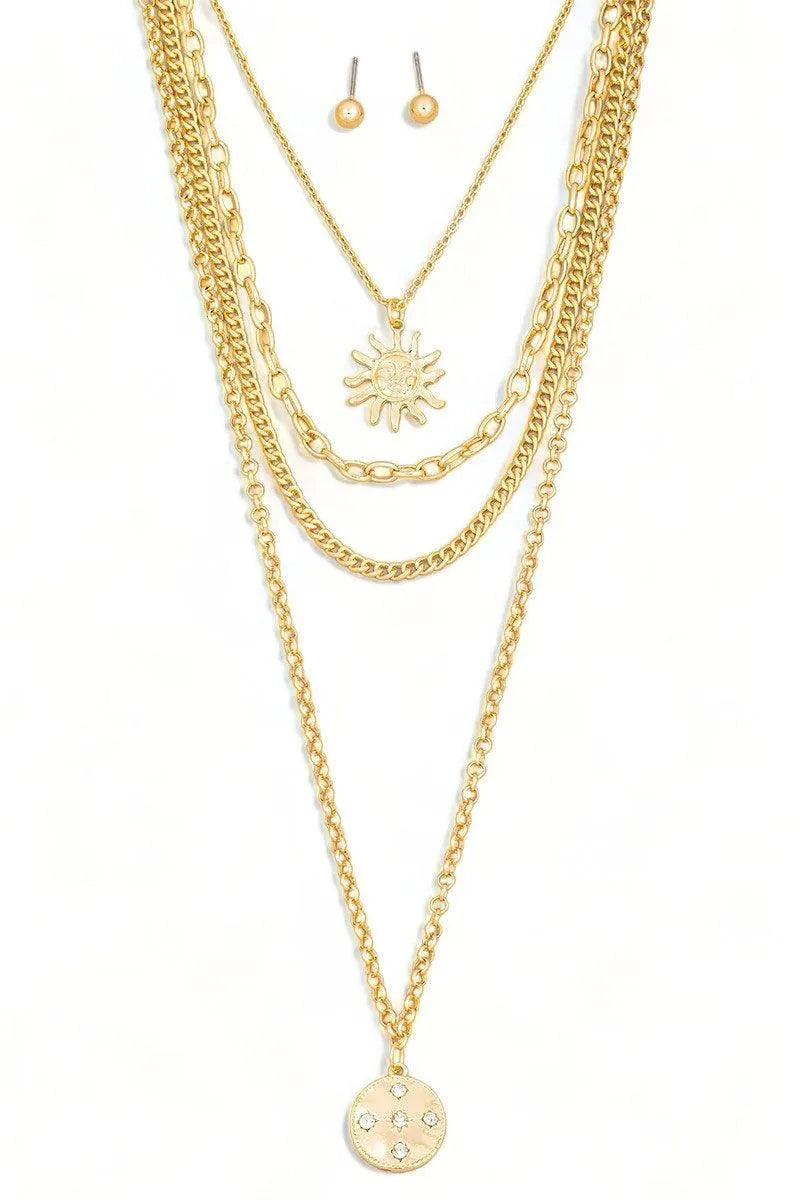 Layered Chain Sun Pendant Necklace & Ball Earring Set - Tasha Apparel Wholesale