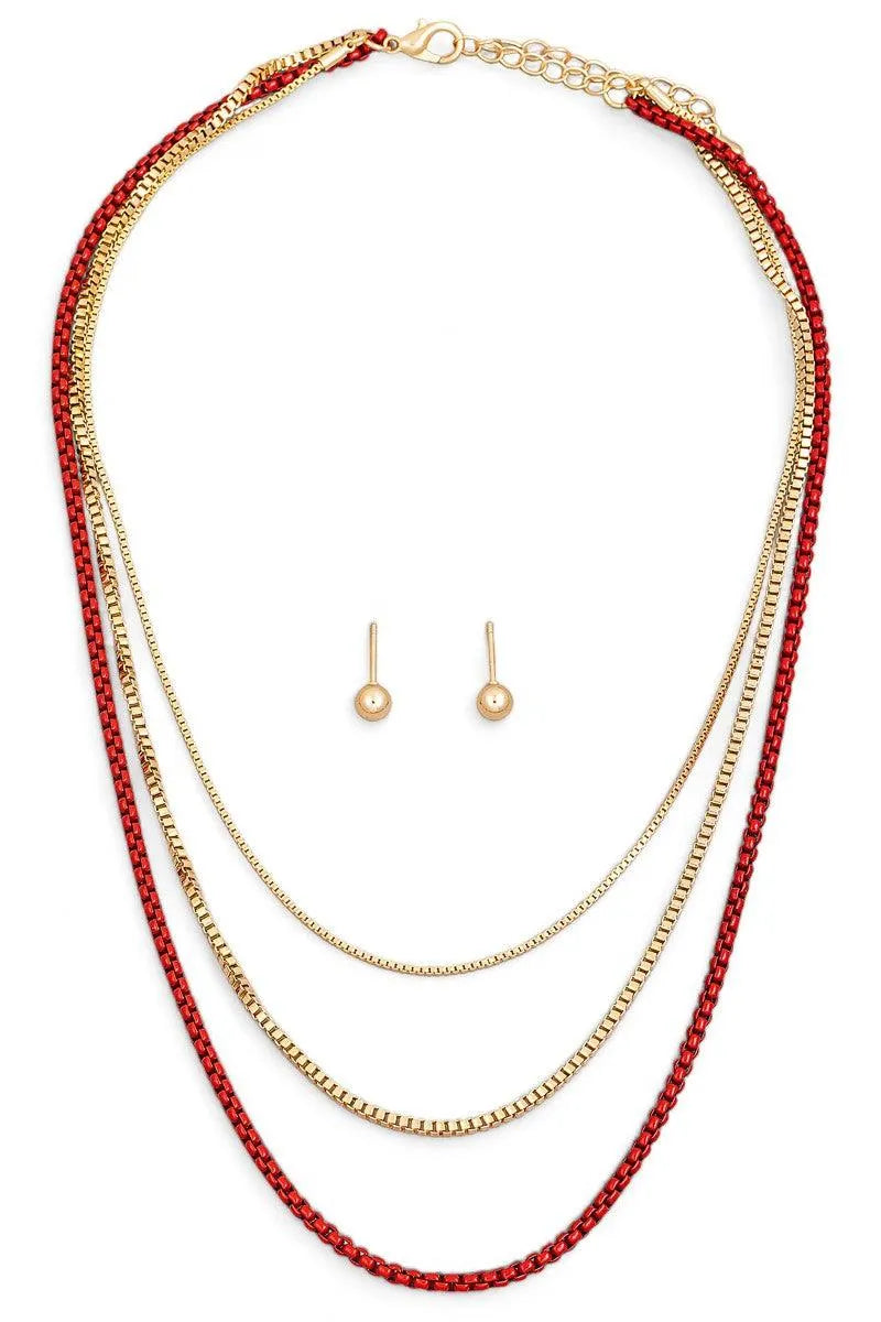 Layered Chain Necklace Small Ball Earring Set - Tasha Apparel Wholesale