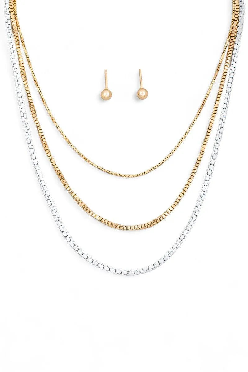 Layered Chain Necklace Small Ball Earring Set - Tasha Apparel Wholesale