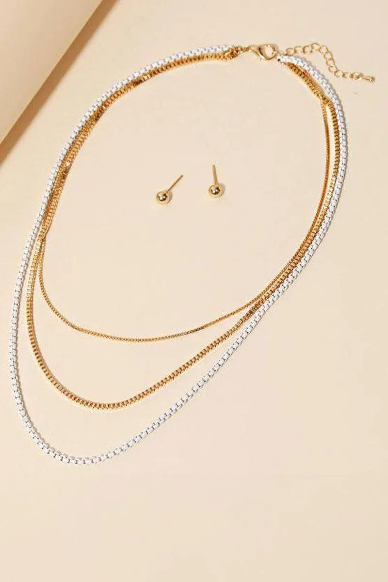 Layered Chain Necklace Small Ball Earring Set - Tasha Apparel Wholesale