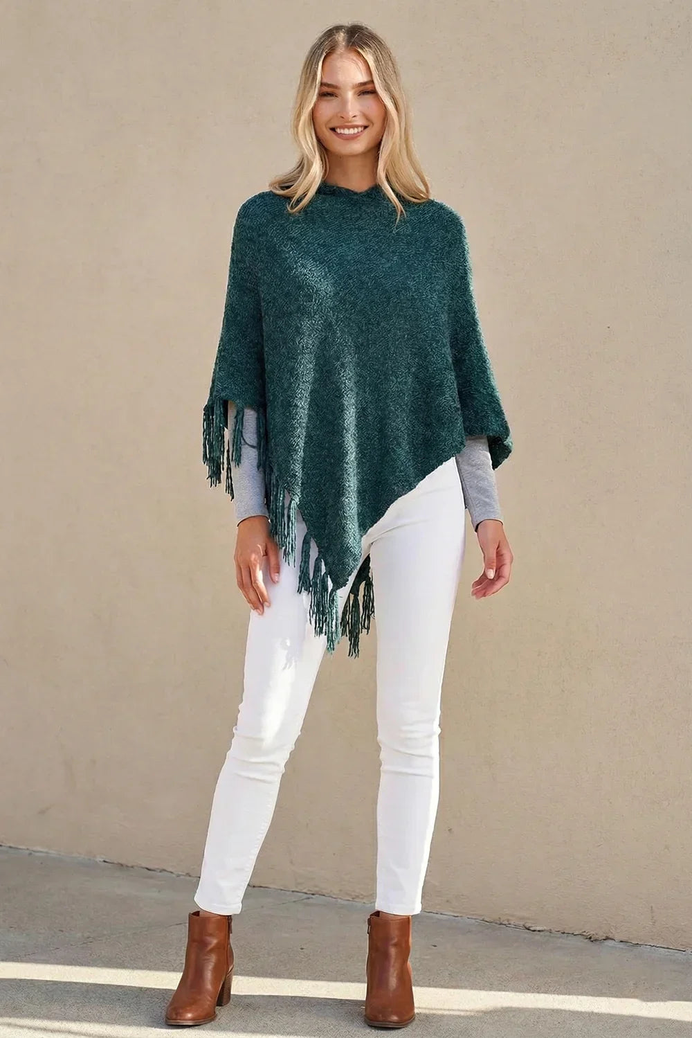 Chenille Knit Tassel Fringe Side Trim Hooded Poncho - Tasha Apparel Wholesale