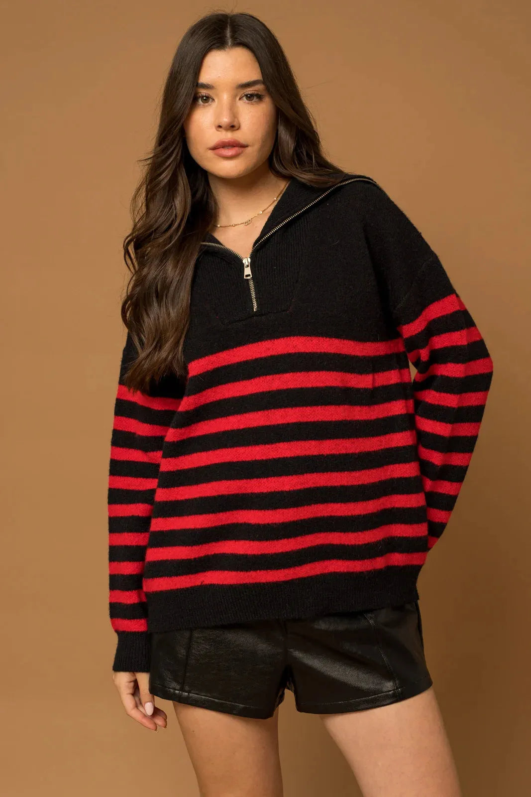 Stripe Half Zip Up Turtleneck Sweater - Tasha Apparel Wholesale