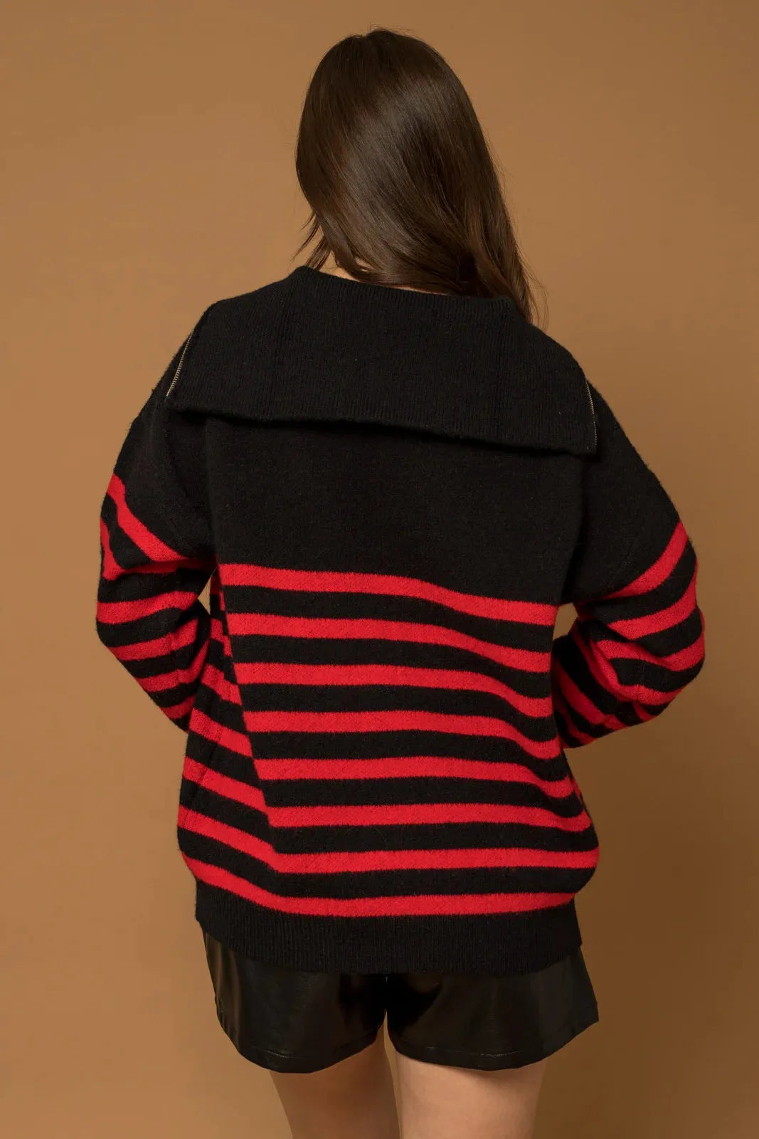 Stripe Half Zip Up Turtleneck Sweater - Tasha Apparel Wholesale