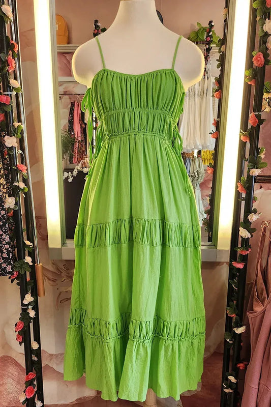 Lime Green Ruched Tiered Side Cut-Out Boho Summer Midi Dress - Tasha Apparel Wholesale