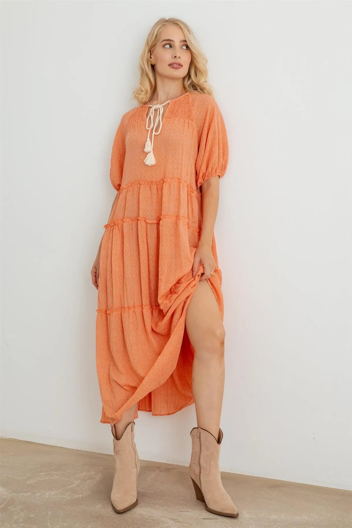 Bohemian Cotton Puff Short Sleeve Tie Neckline Smocked Maxi Dress - Tasha Apparel Wholesale