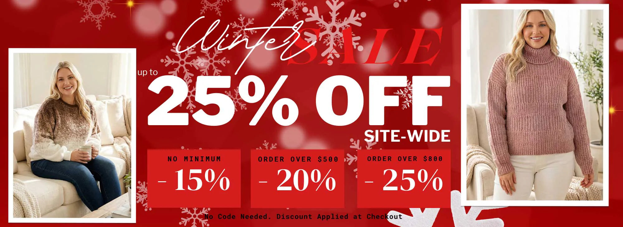 Wholesale women's clothing winter sale up to 25% off site-wide - tiered discounts 15% 20% 25% - cozy sweaters and knitwear