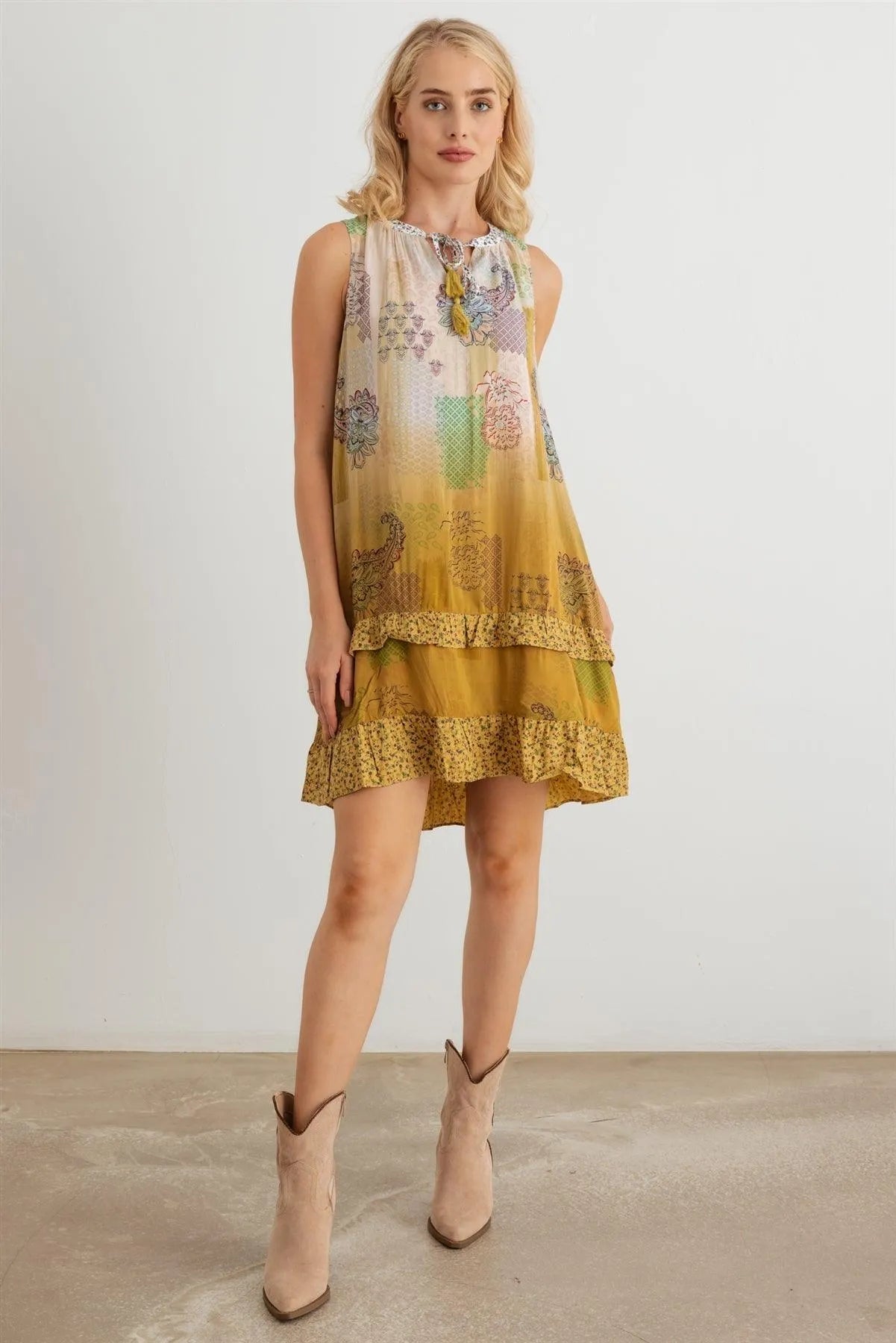 Paisley Tie Neck Sleeveless Ruffle Relax Mini Dress - Tasha Apparel Wholesale