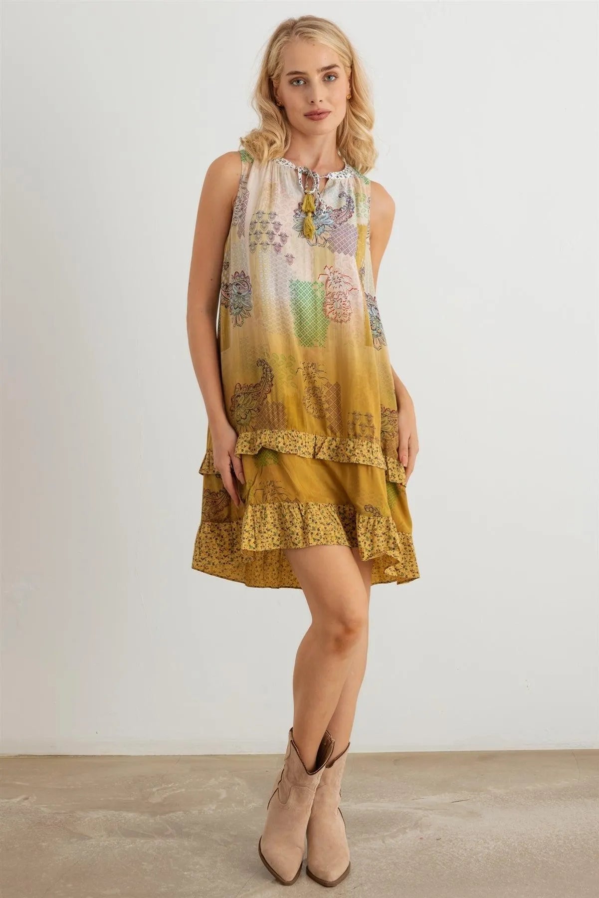 Paisley Tie Neck Sleeveless Ruffle Relax Mini Dress - Tasha Apparel Wholesale