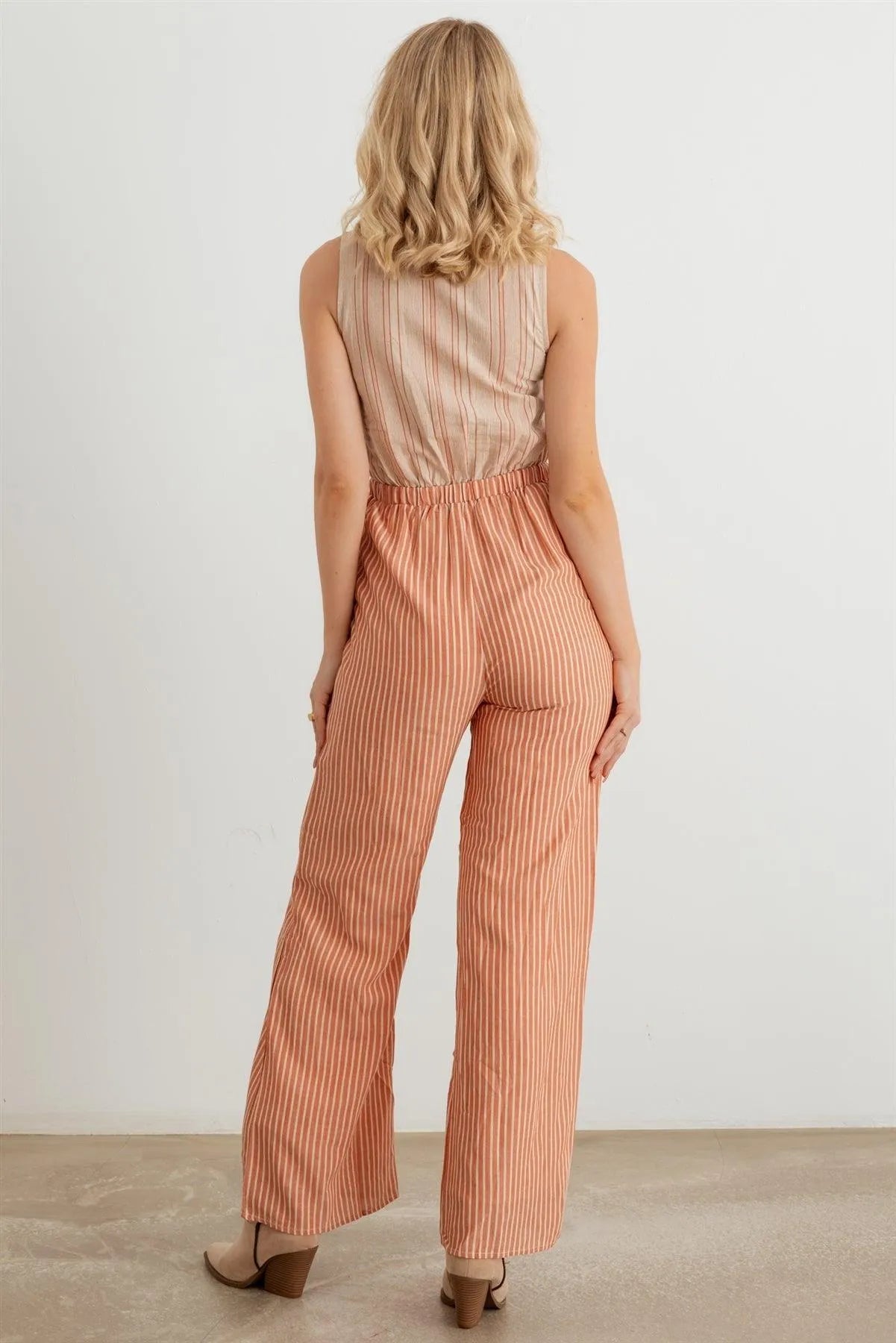 Striped Wrap Tie Neck Sleeveless Cut-Out Front Two Pocket Jumpsuit - Tasha Apparel Wholesale