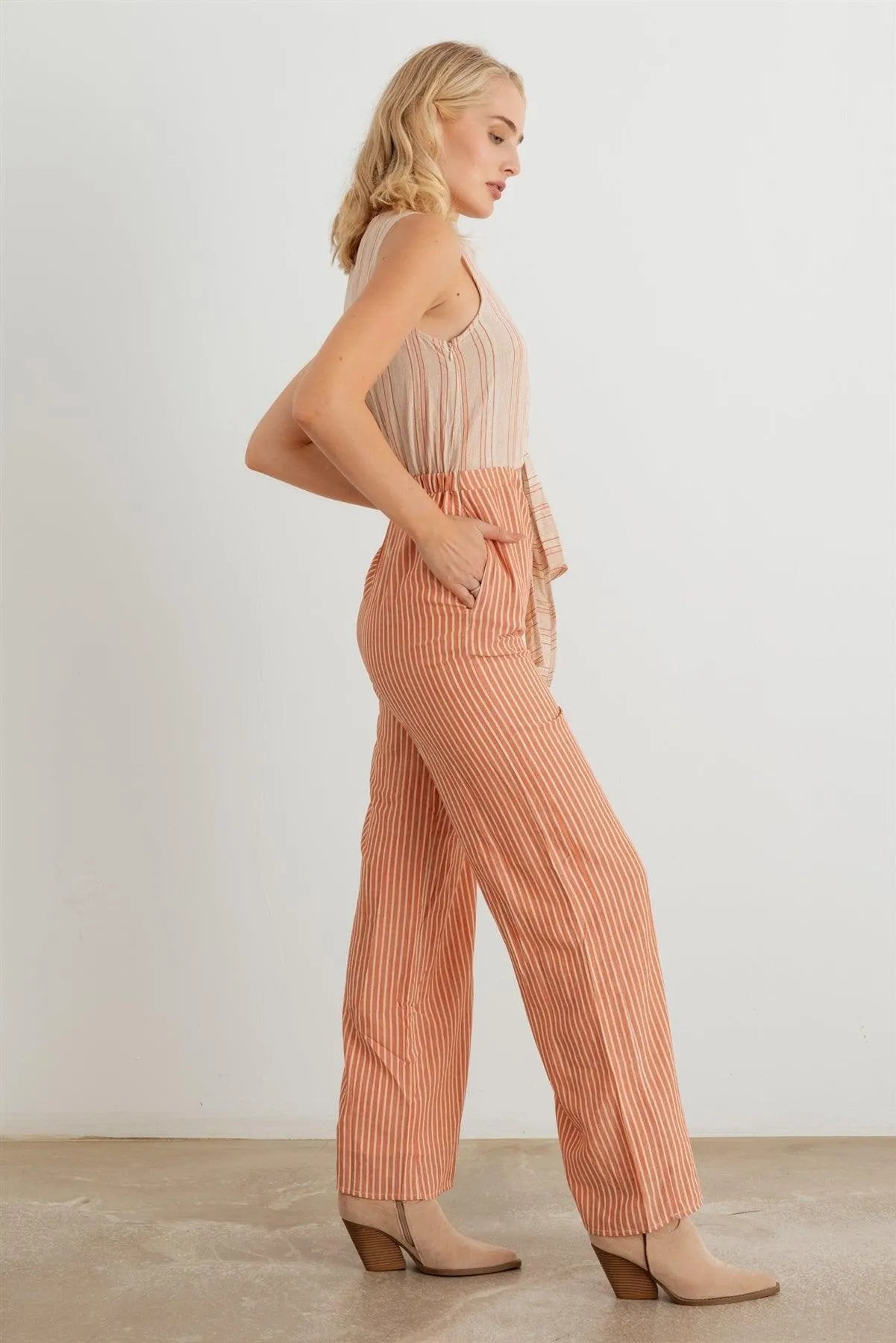 Striped Wrap Tie Neck Sleeveless Cut-Out Front Two Pocket Jumpsuit - Tasha Apparel Wholesale