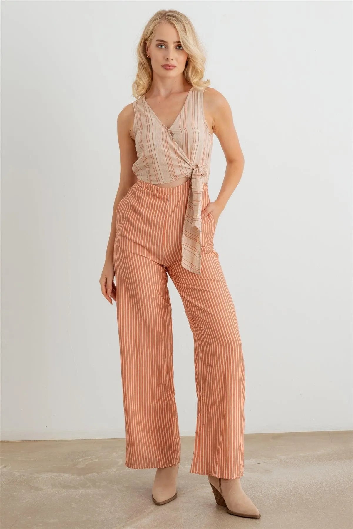 Striped Wrap Tie Neck Sleeveless Cut-Out Front Two Pocket Jumpsuit - Tasha Apparel Wholesale