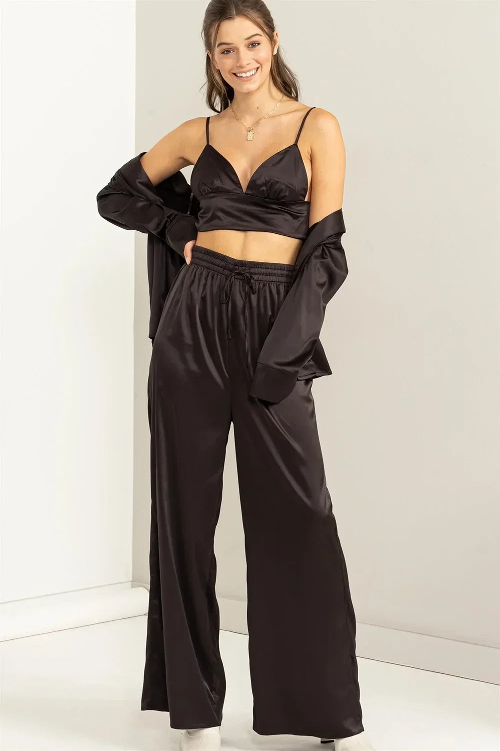 Satin 3 Piece Coordinated Crop Top Wide Leg Pants Blazer Set