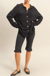 Black Collared Front Pocket Button Down Sweater Shirt Long Sleeve Top