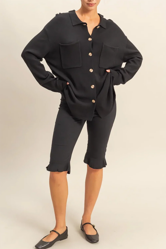 Black Collared Front Pocket Button Down Sweater Shirt Long Sleeve Top