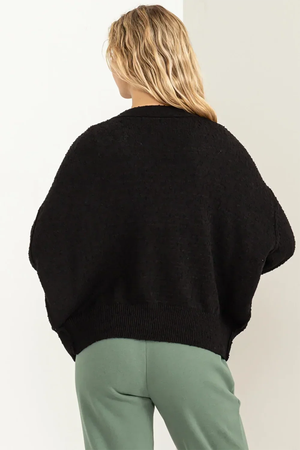 Black Button Down Long Sleeve Knit Layering Boho Style Cardigan Sweater