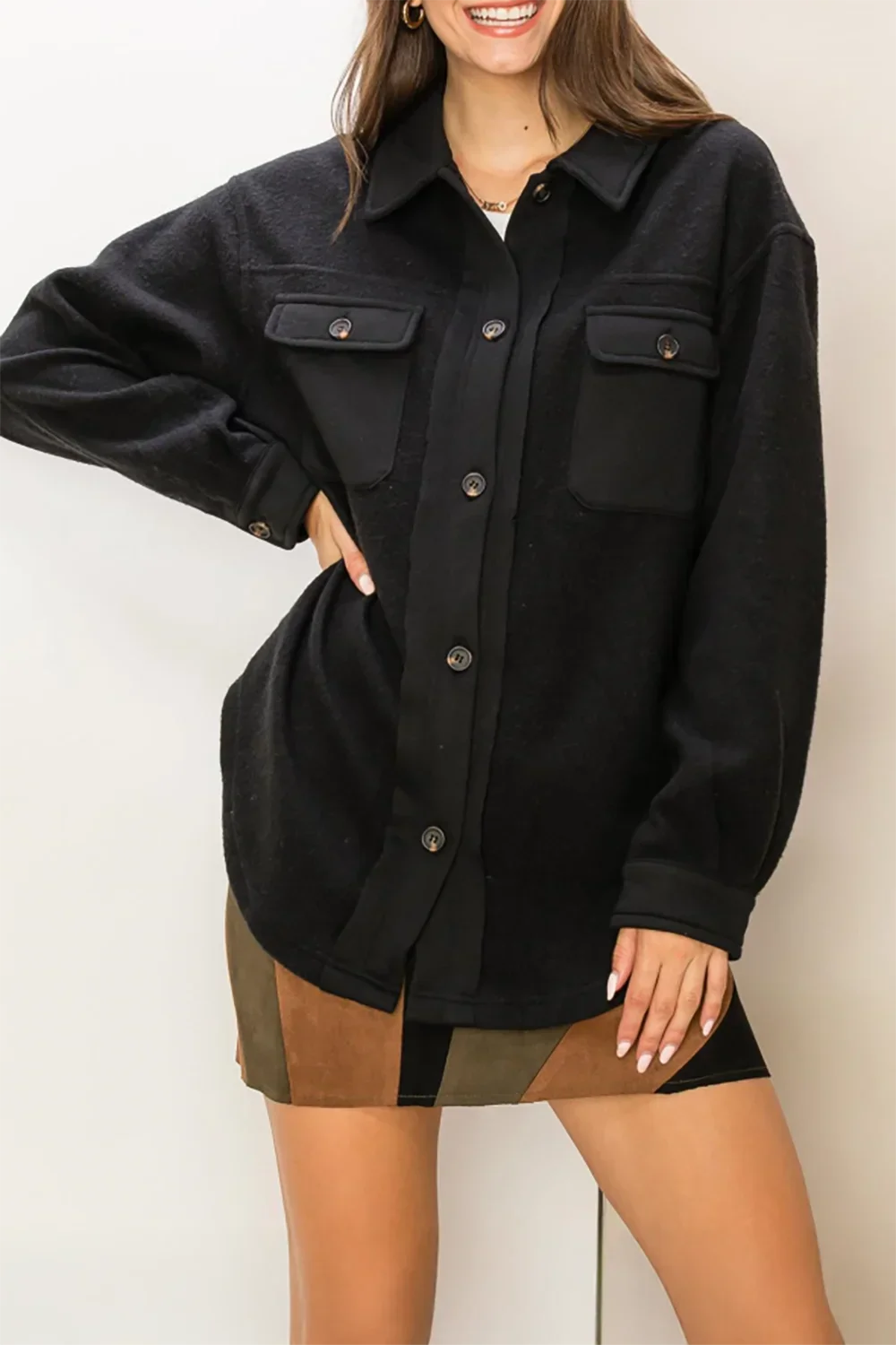 Utility Oversized Shacket Soft Button Chest Pockets Jacket - Tasha Apparel Wholesale