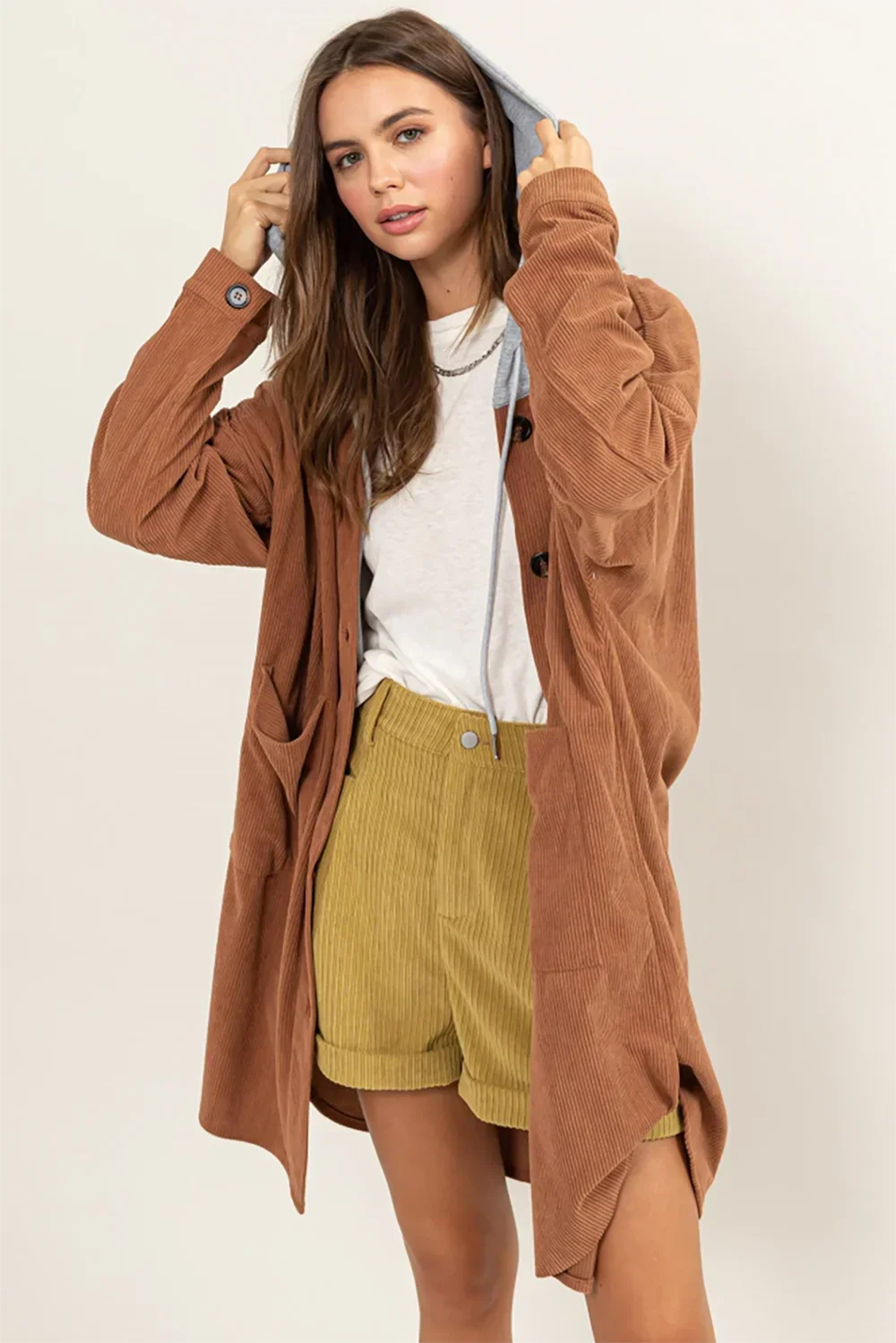 Oversized Corduroy Hooded Button Front Long Cardigan Jacket - Tasha Apparel Wholesale