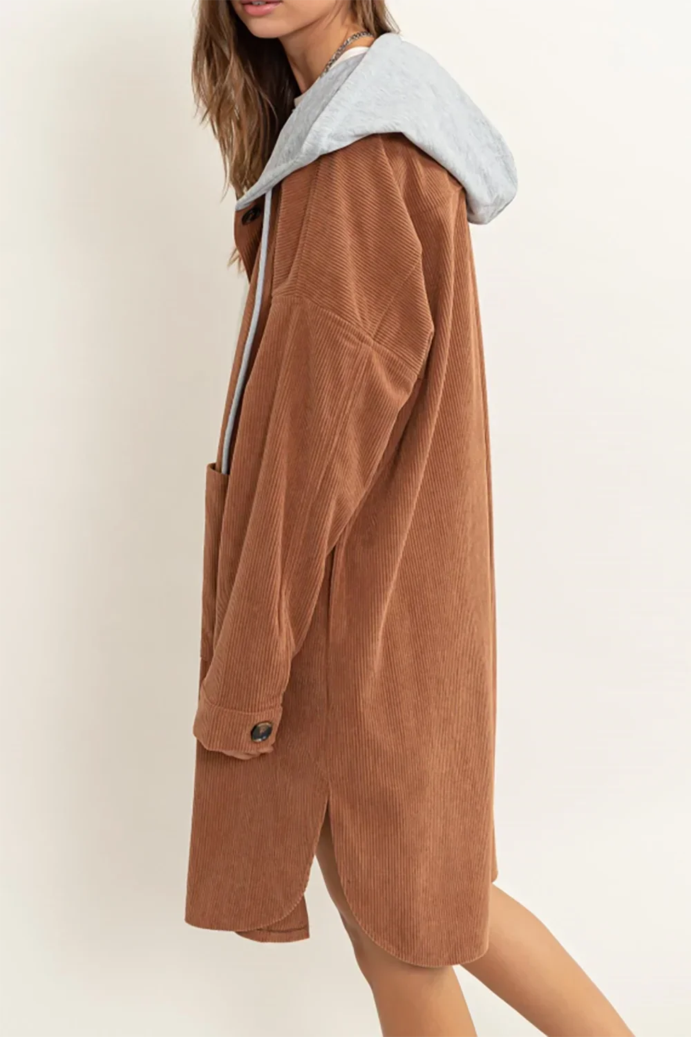 Oversized Corduroy Hooded Button Front Long Cardigan Jacket - Tasha Apparel Wholesale