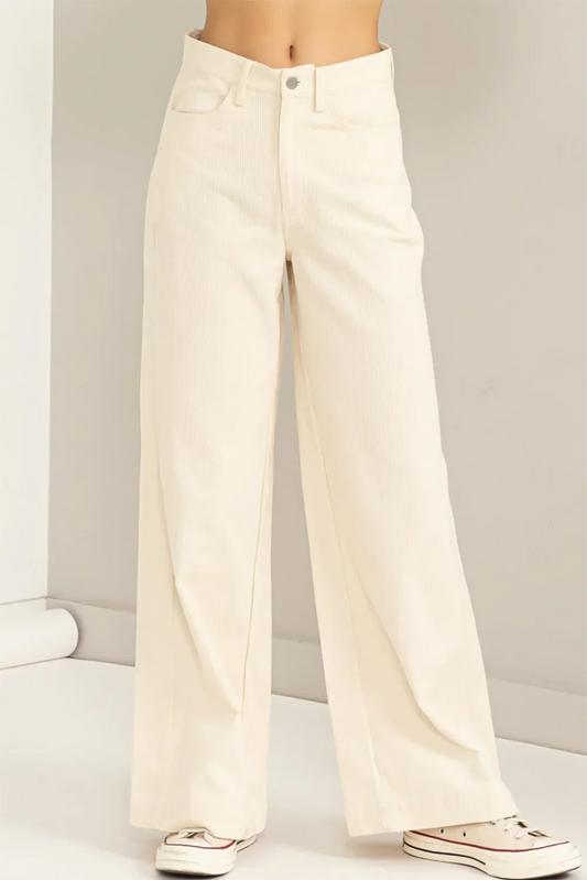 Cream 100% Cotton Corduroy Wide Leg Pants Boho Relaxed Fit Trendy Pants
