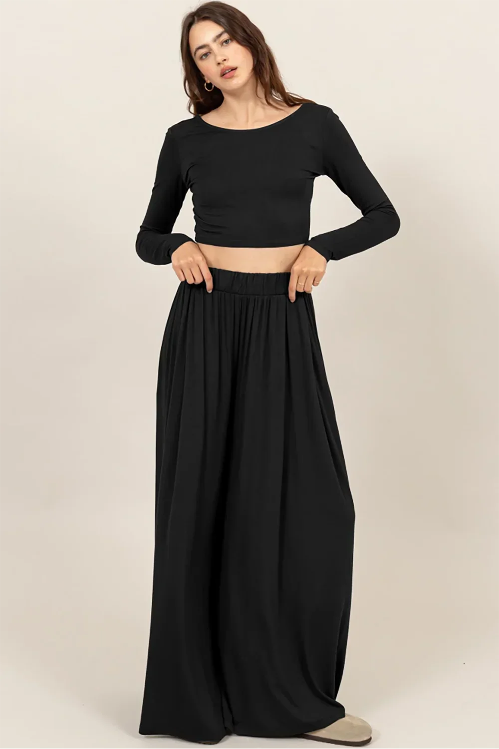 HF24E927-SET Long Sleeve Crop Top & Extra Wide Pants Set - Tasha Apparel Wholesale