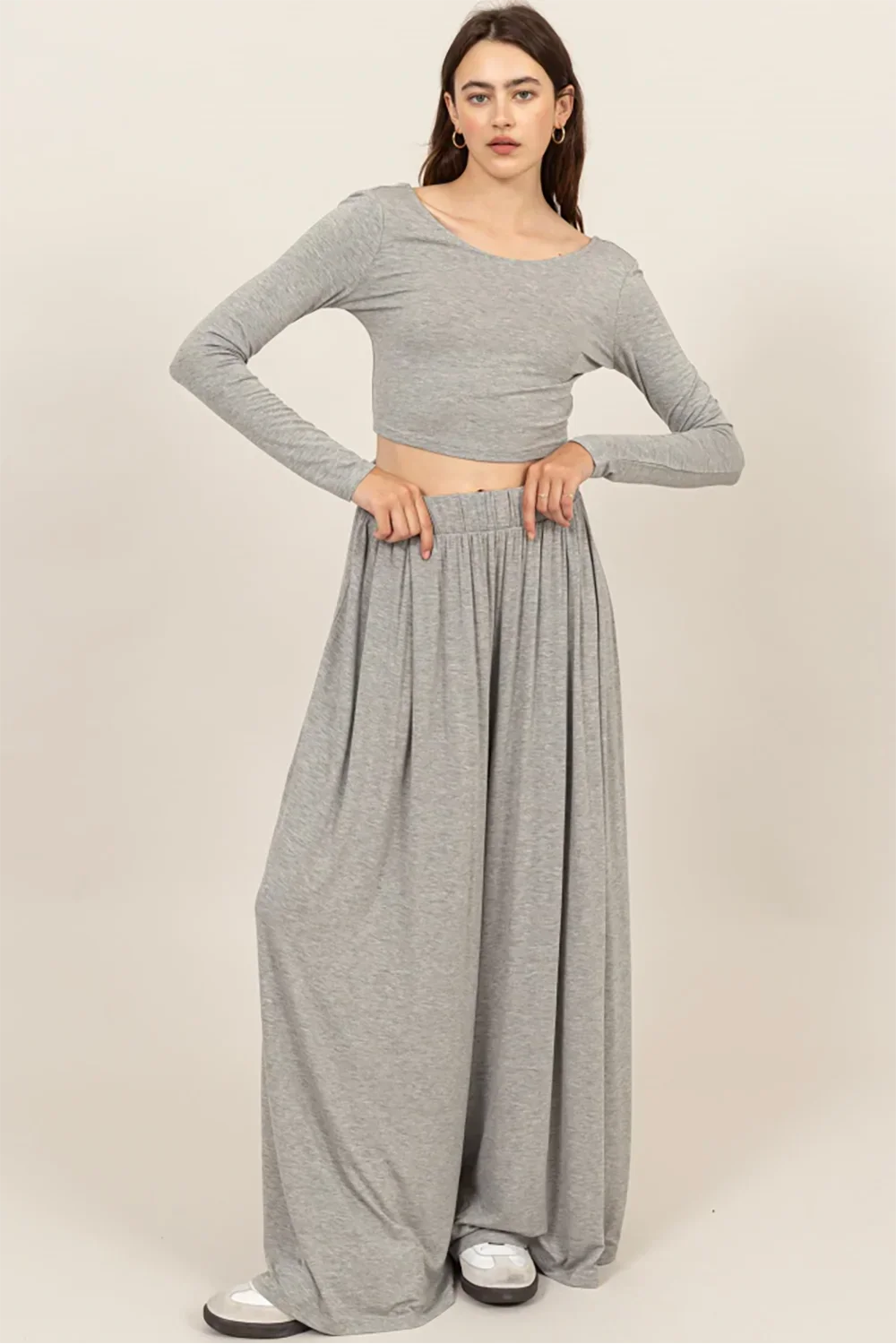 HF24E927-SET Long Sleeve Crop Top & Extra Wide Pants Set - Tasha Apparel Wholesale