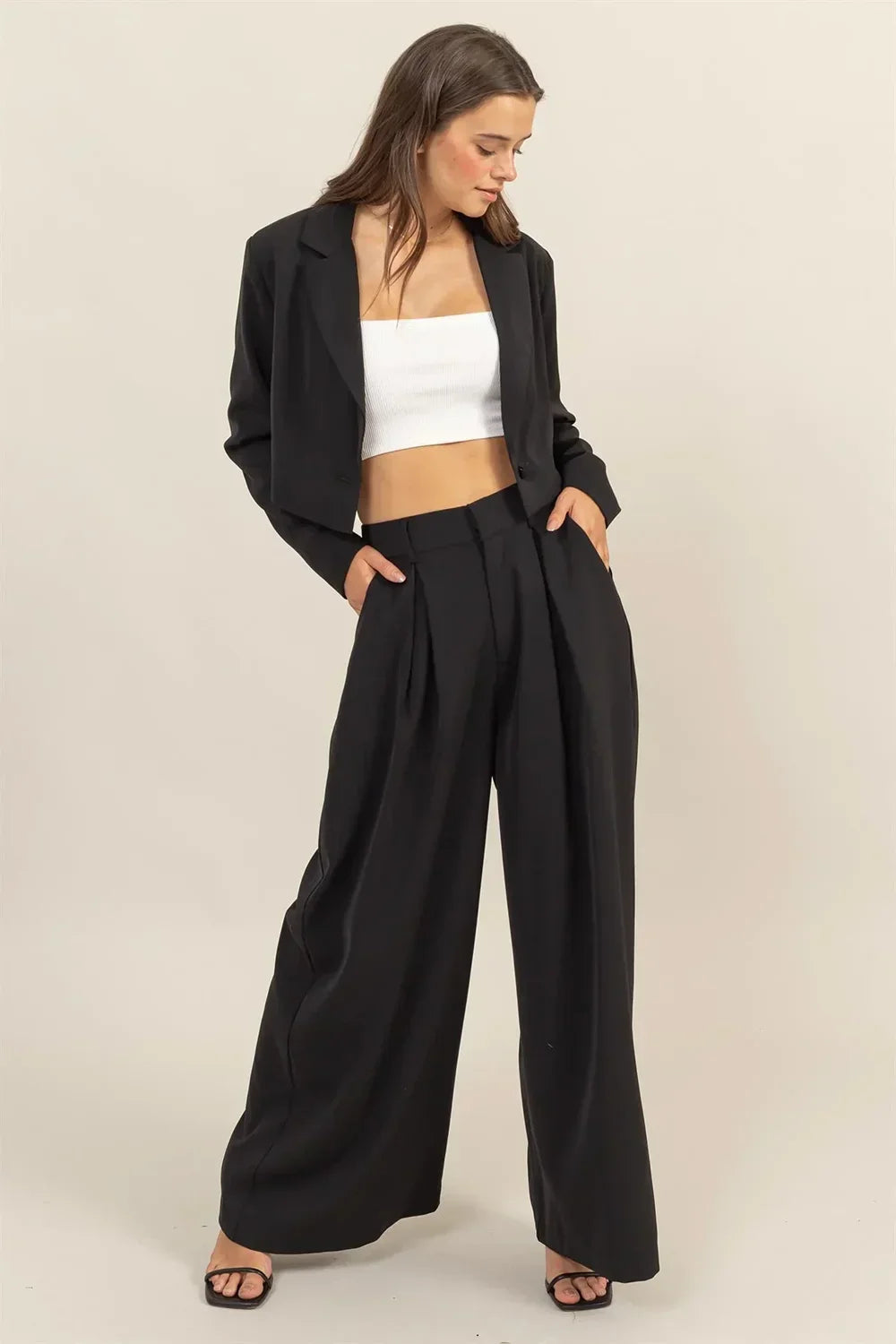 Cropped Blazer & High Rise Wide Leg Two-Piece Set - Tasha Apparel Wholesale