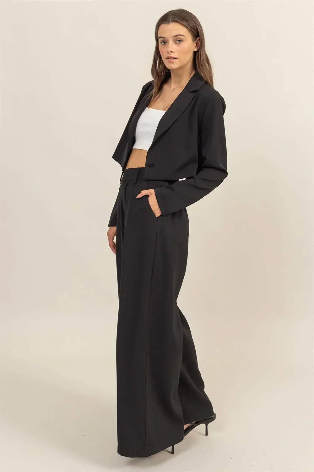 Cropped Blazer & High Rise Wide Leg Two-Piece Set - Tasha Apparel Wholesale
