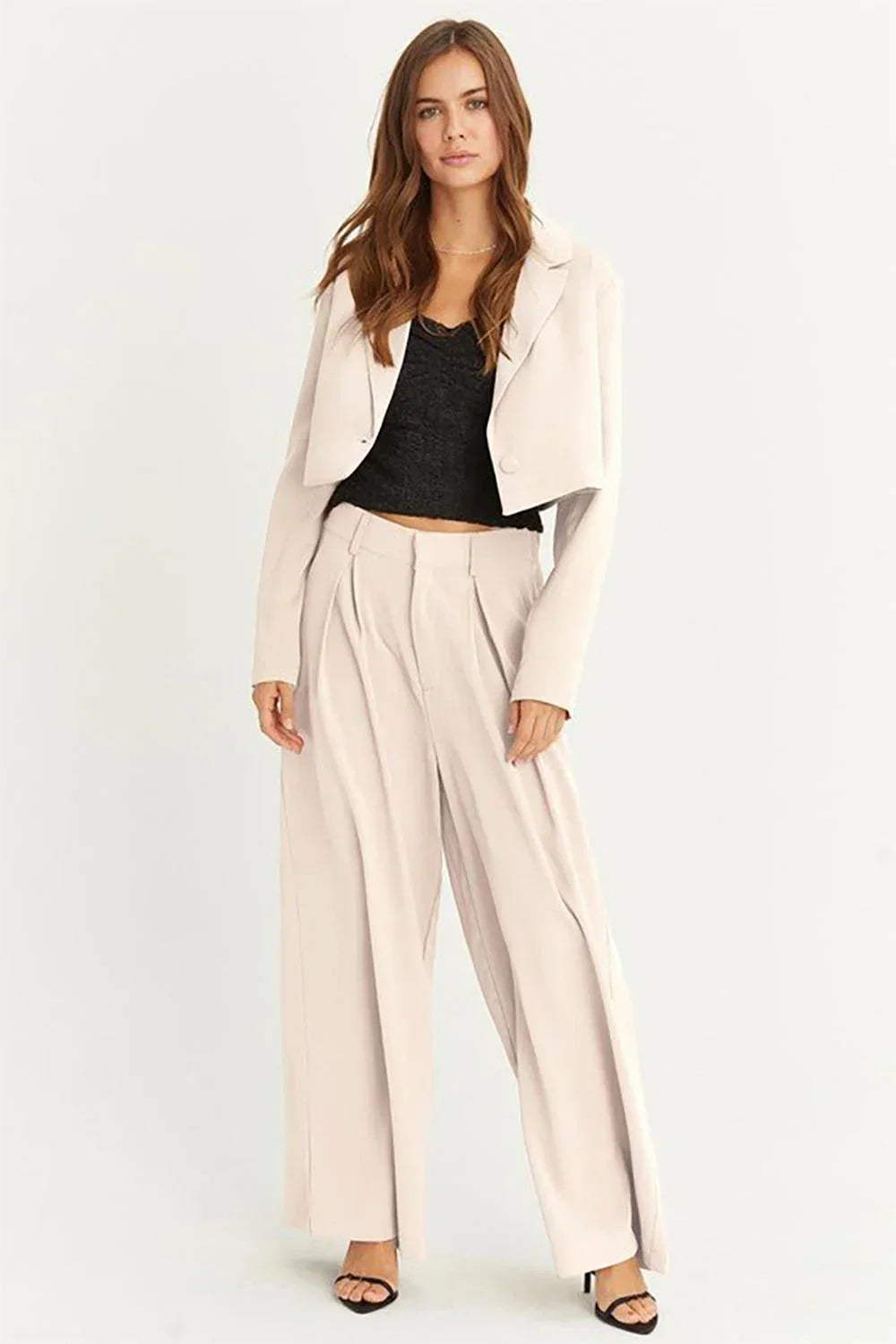 Cropped Blazer & High Rise Wide Leg Two-Piece Set - Tasha Apparel Wholesale