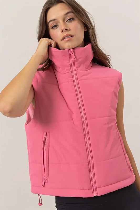 Lightweight Side Drawstring Front Pocket Neutral Puffer Quilted Vest