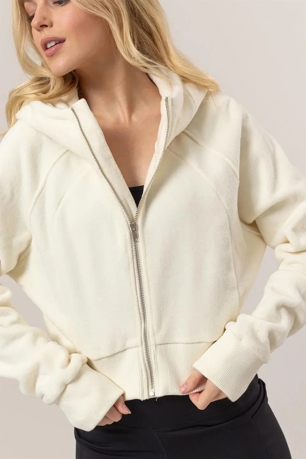 Cropped Zip Up Hooded Jacket Soft Fleece Brushed Scuba Hoodie