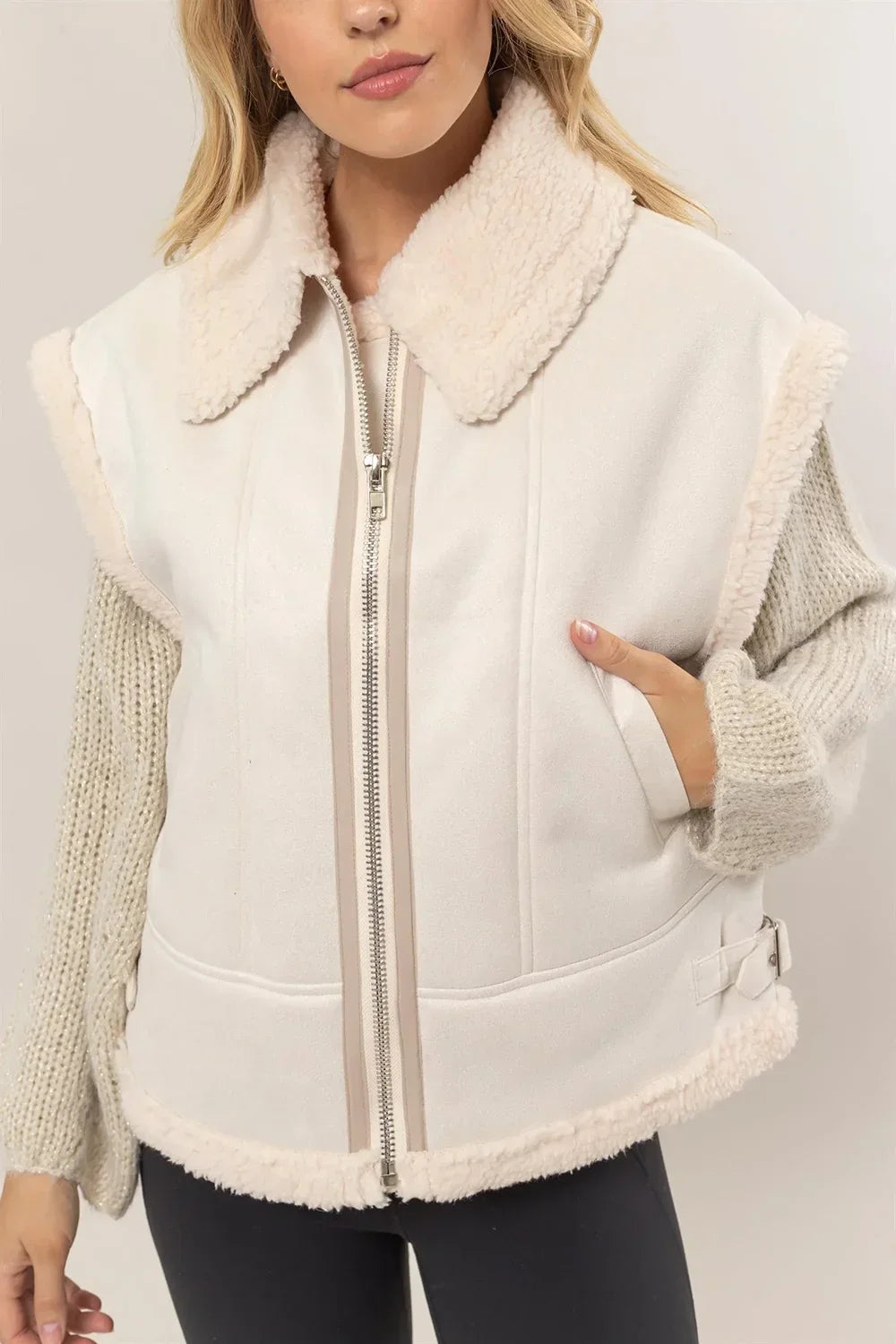 Sherpa Lined Suede Zip Up Fleece Collar Casual Vest