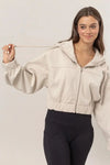 Heavy Weight Elastic Waist Side Pocket Zipper Up Hooded Crop Jacket