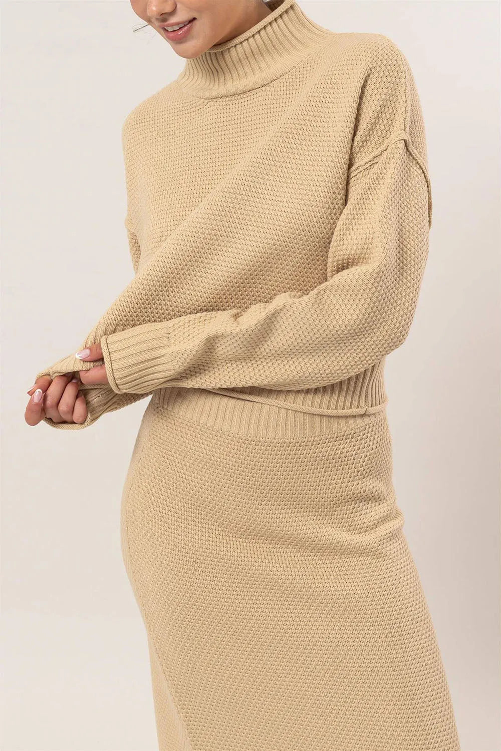 Oversized Turtleneck Sweater Matching Midi Skirt Knit Two Piece Set